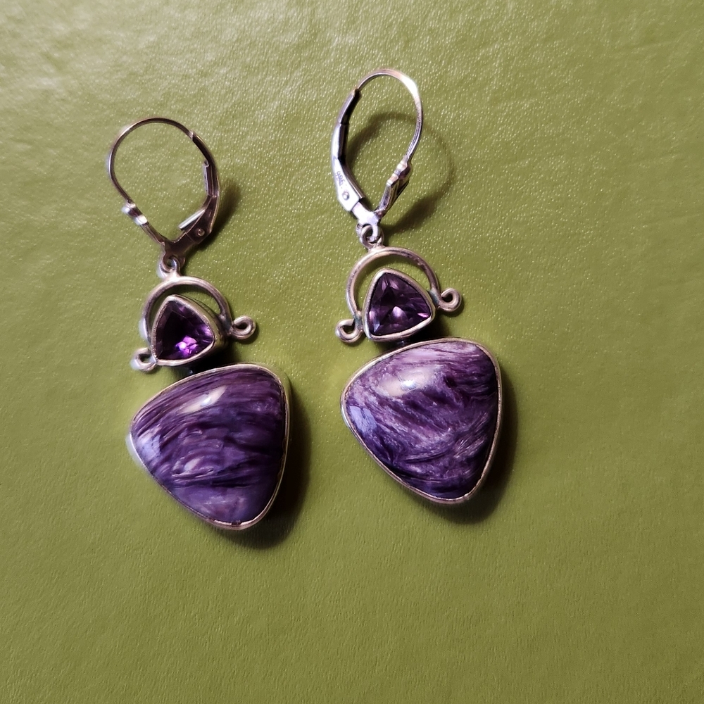 Silver Drop Earrings With Purple Stones